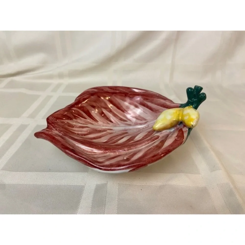 Radicchio Leaf Red Ceramic Trinket Dish Yellow Buds Botanical Pottery Italy Vtg.